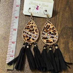 Leopard Pattern Earrings with Black Tassels